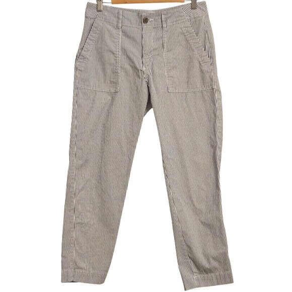 GAP Girlfriend Utility Khaki Pants Railroad Striped Blue Seersucker Size 6 - Picture 1 of 7